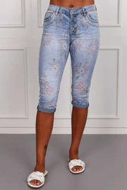 3/4 jeans m. blomster, denim