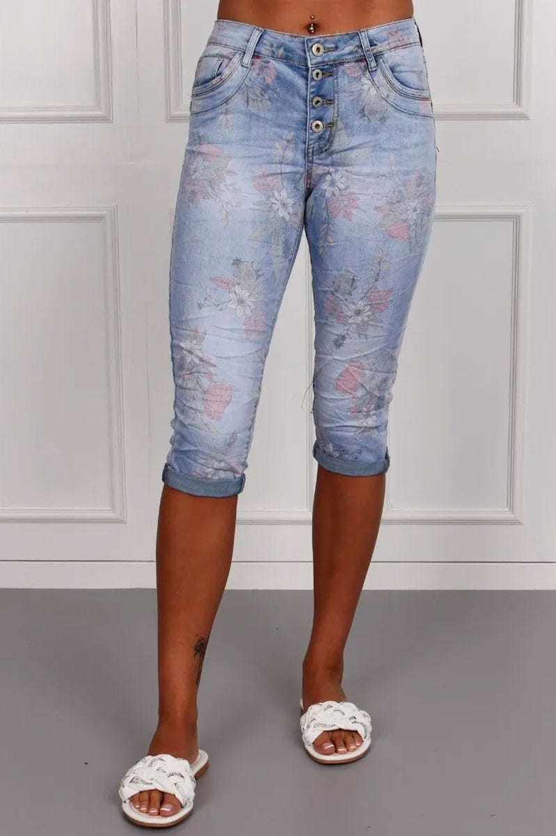 3/4 Jeans mit Blumenprint, denim