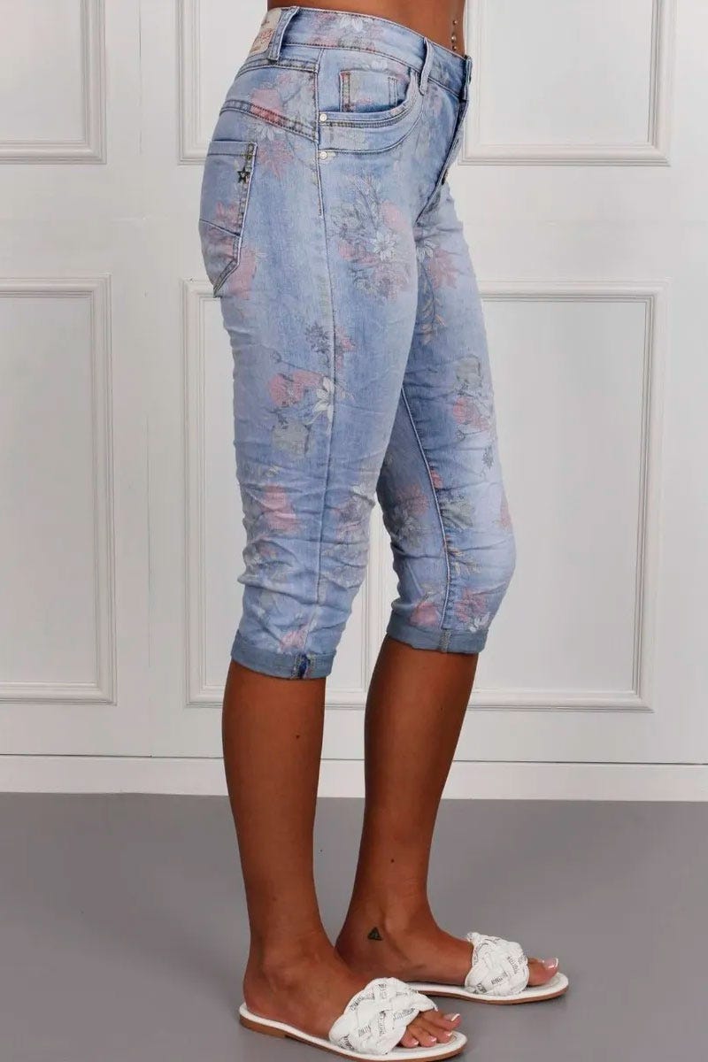 3/4 jeans m. blomster, denim