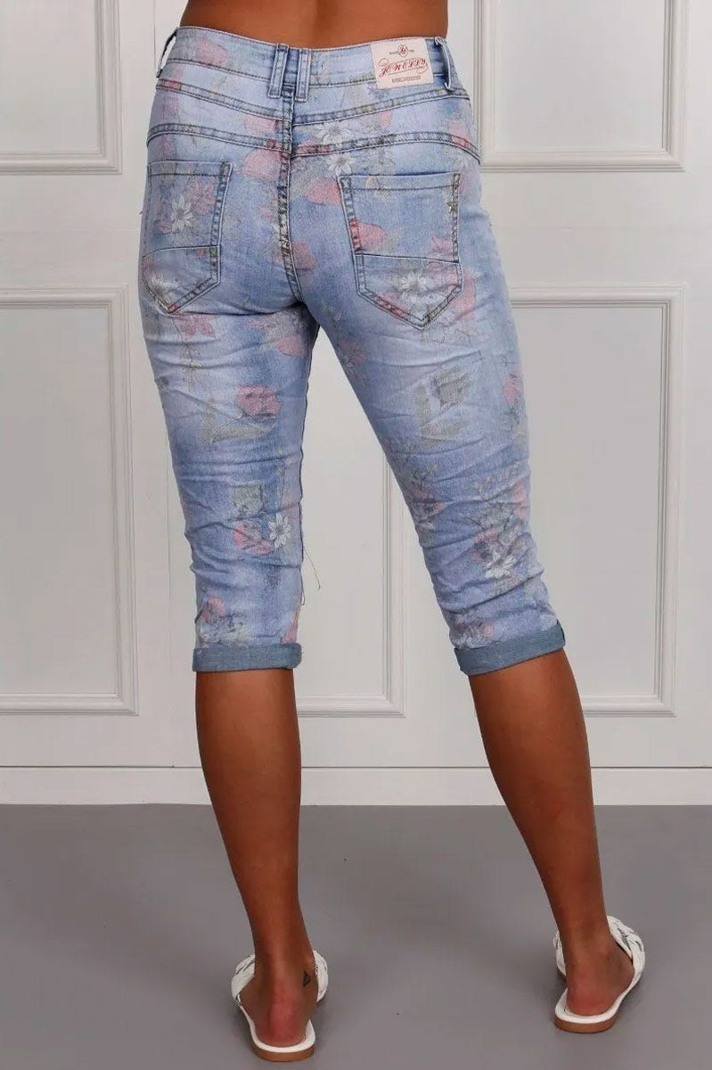 3/4 Jeans mit Blumenprint, denim