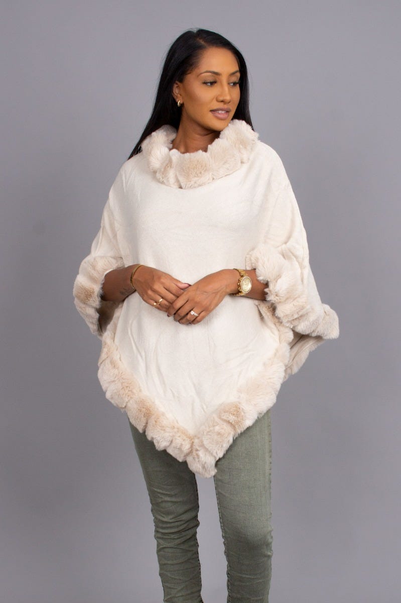 Poncho mit Kunstpelz, beige