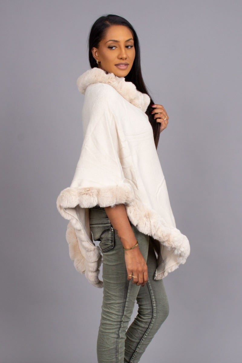 Poncho mit Kunstpelz, beige