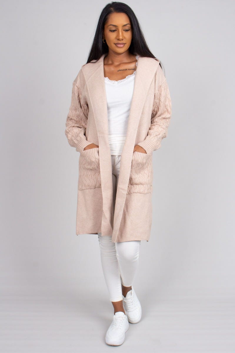 Cardigan m. hætte, beige