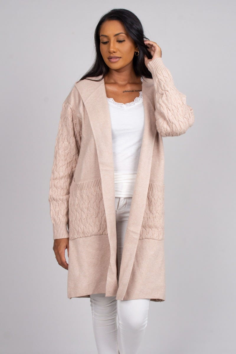 Cardigan m. hætte, beige