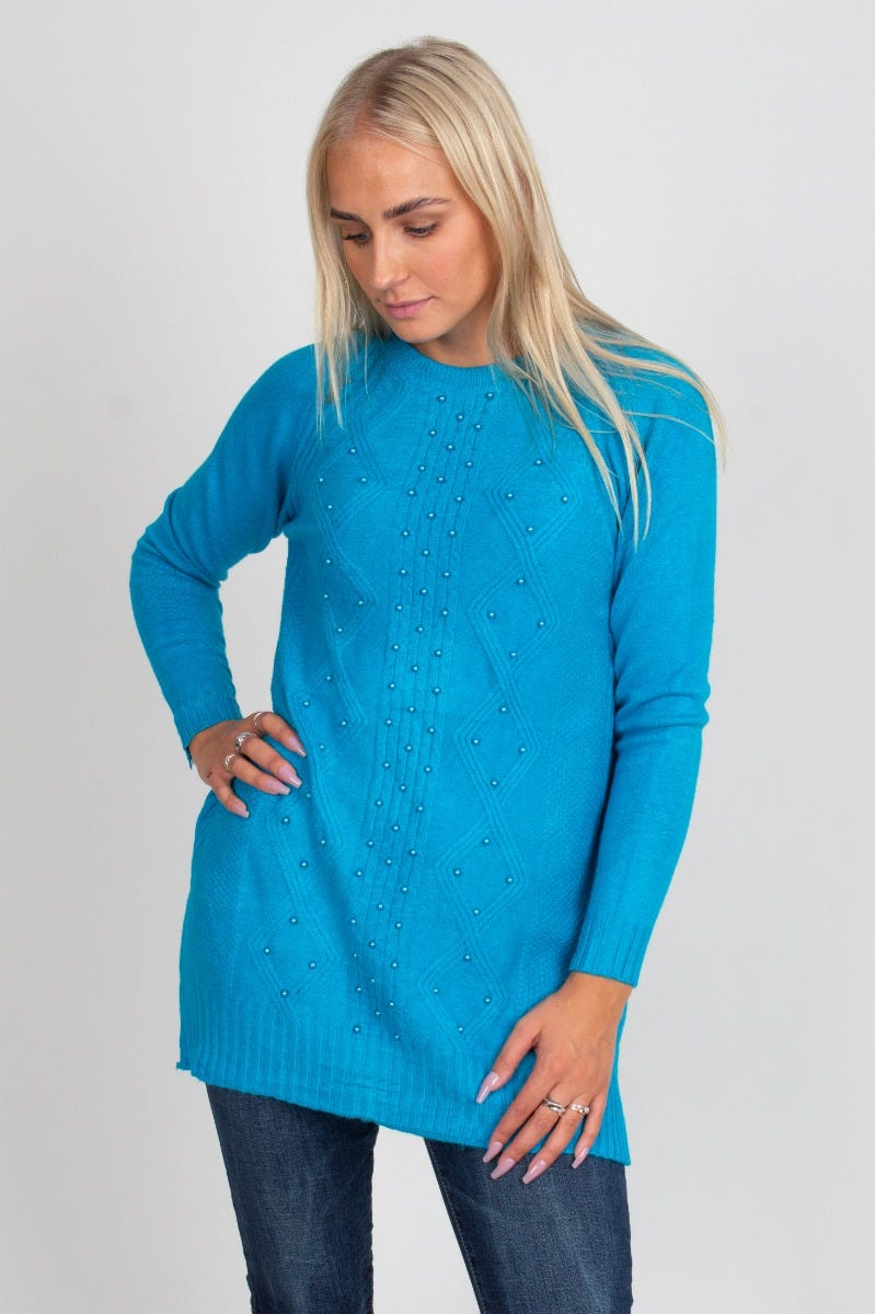 Strickpullover mit Perlen, aqua