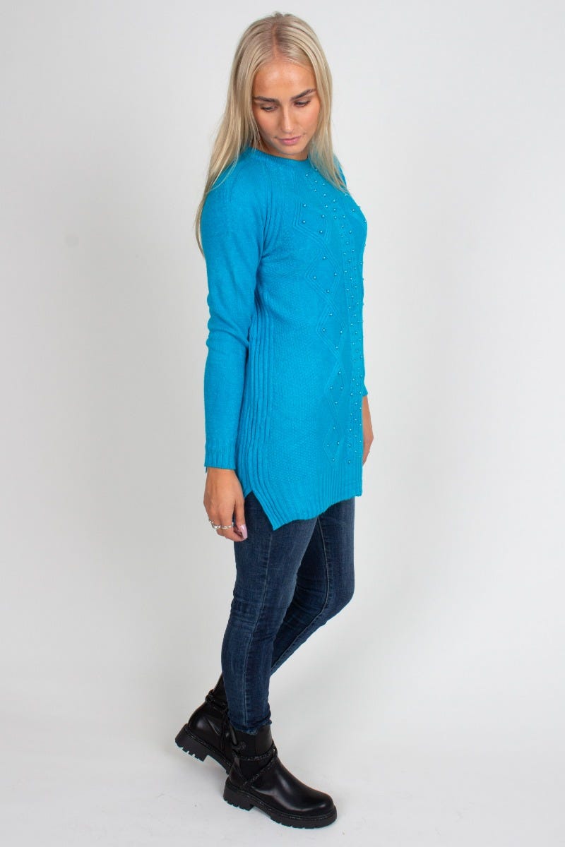 Strickpullover mit Perlen, aqua