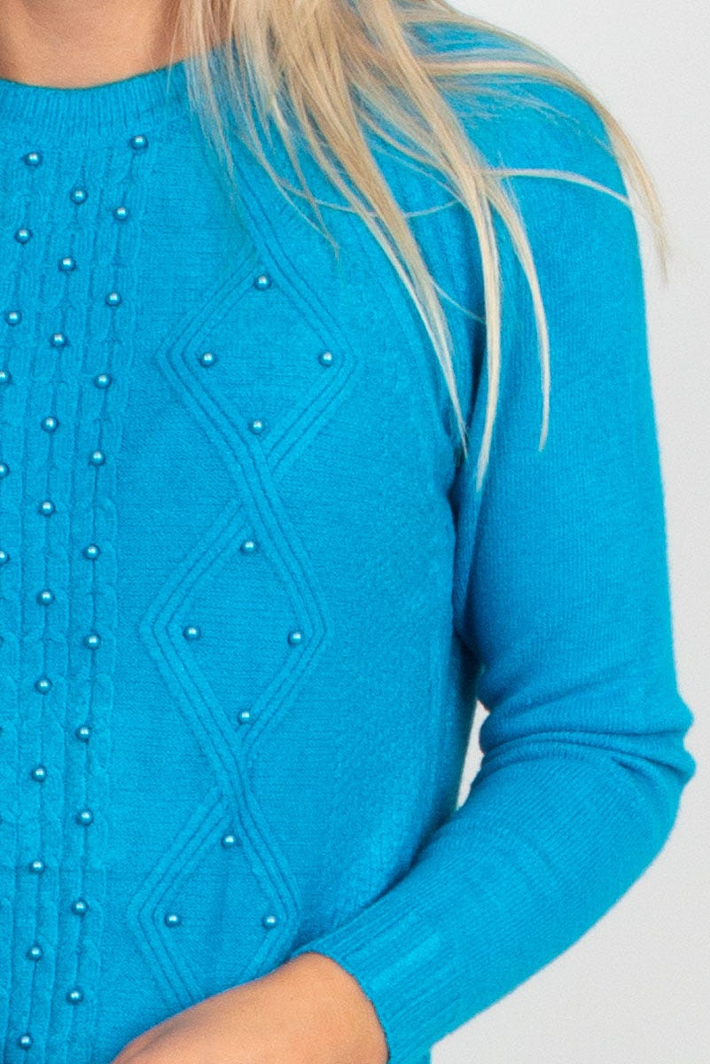 Strickpullover mit Perlen, aqua