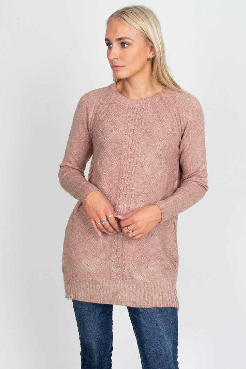 Strickpullover mit Perlen, taupe