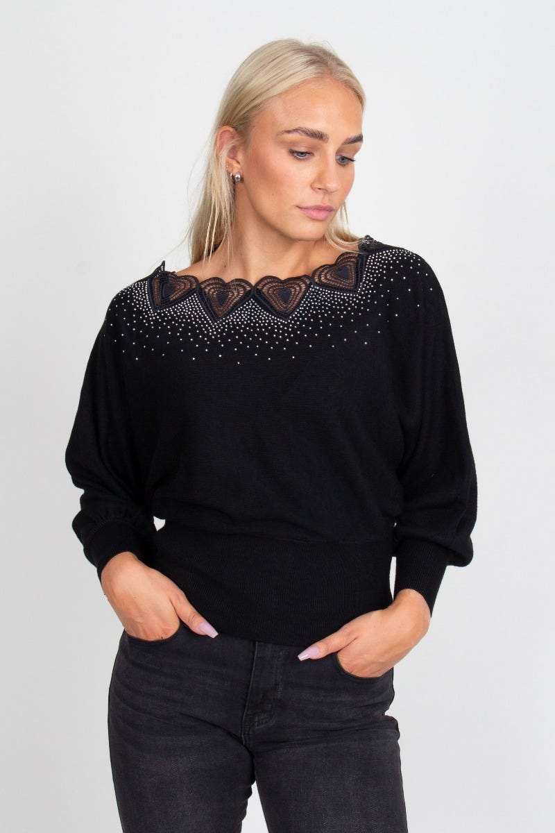 Bluse mit Steindetails, schwarz