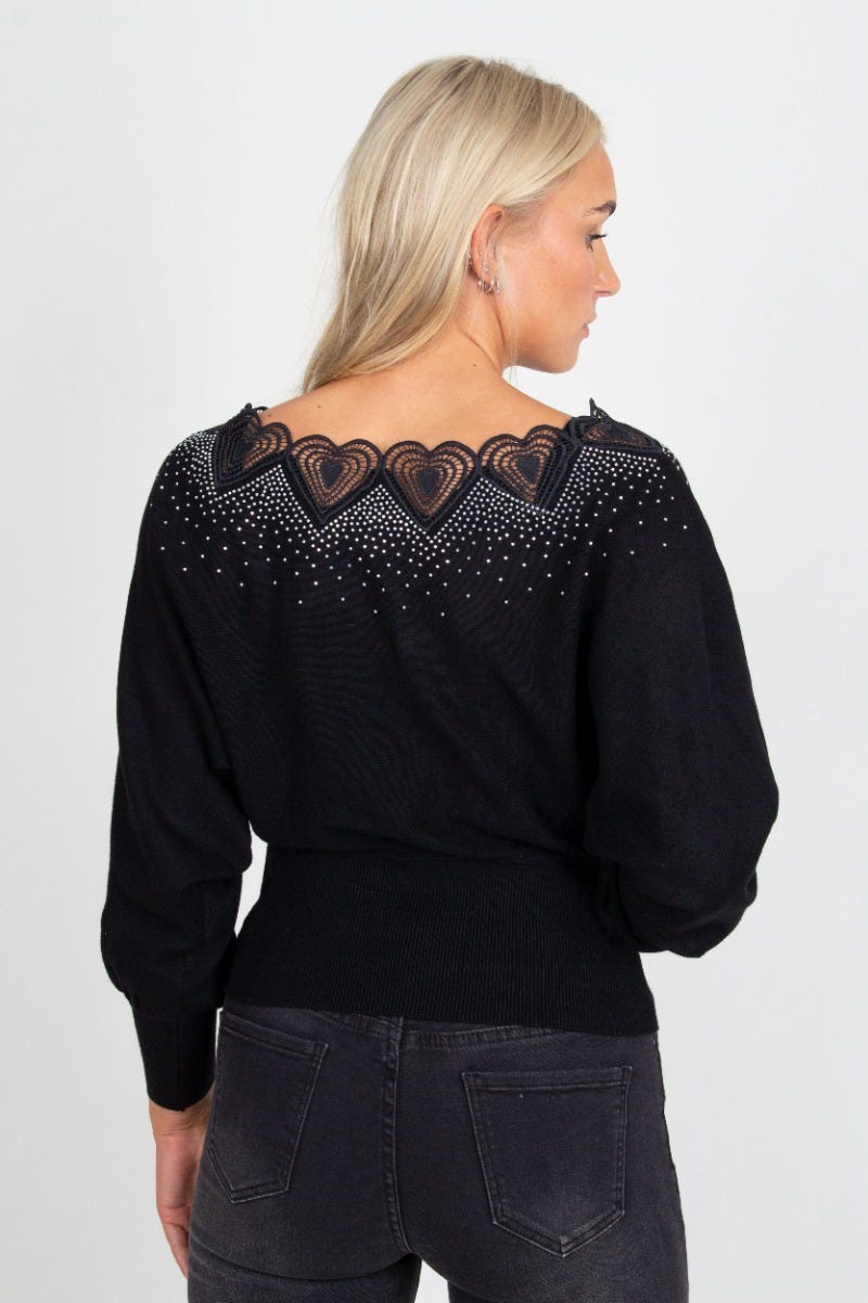 Bluse mit Steindetails, schwarz