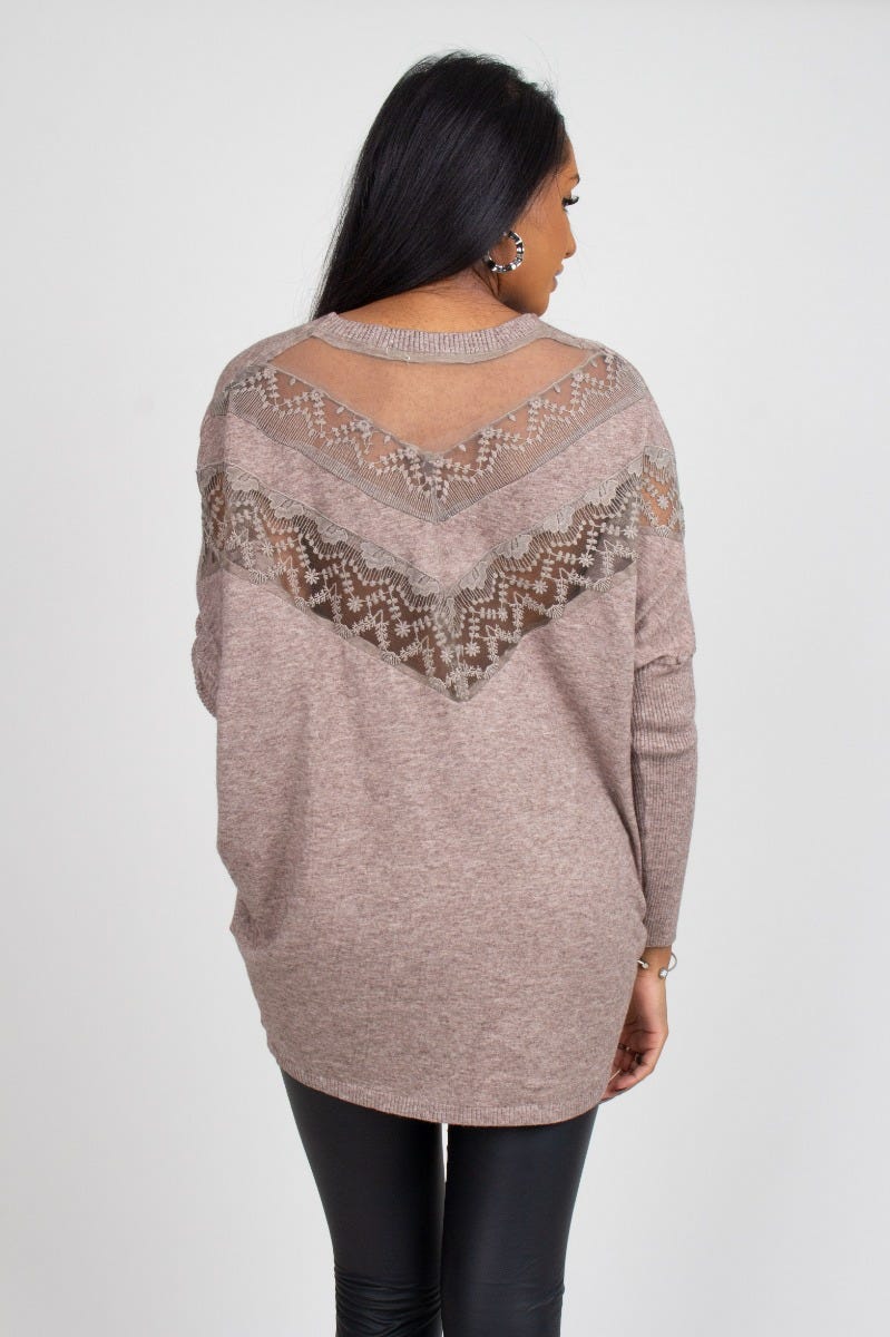 Strickbluse mit Spitze, taupe