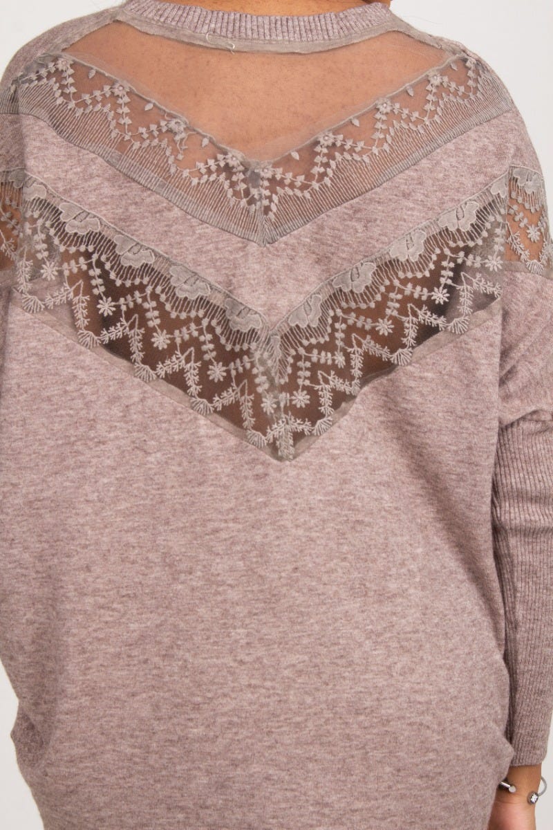 Strickbluse mit Spitze, taupe