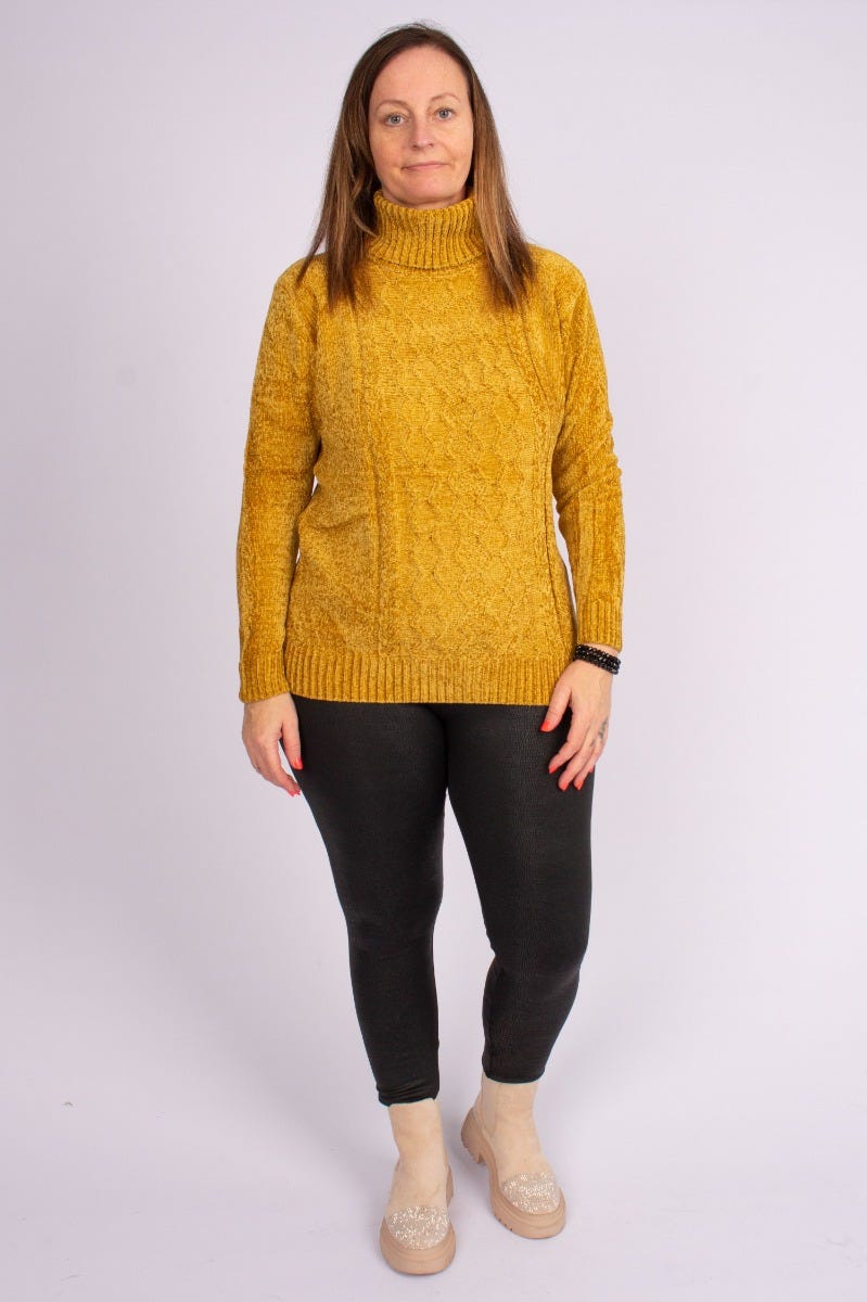 Chenille strik m. rullekrave Mustard