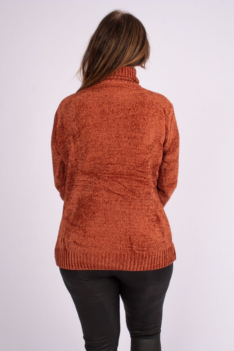 Chenille strik m. rullekrave Rust