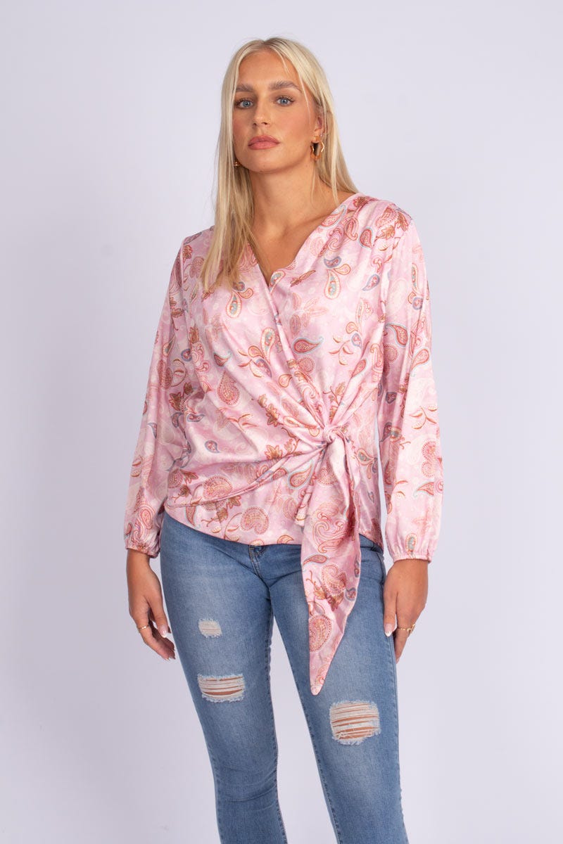 Crossover bluse m. paisley print Pink