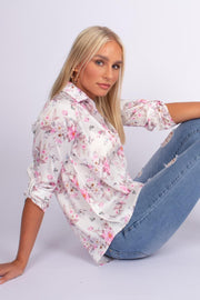 Bluse m. krave i blomsterprint Hvid