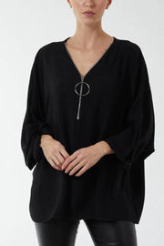 Batwing bluse m. lynlås Sort