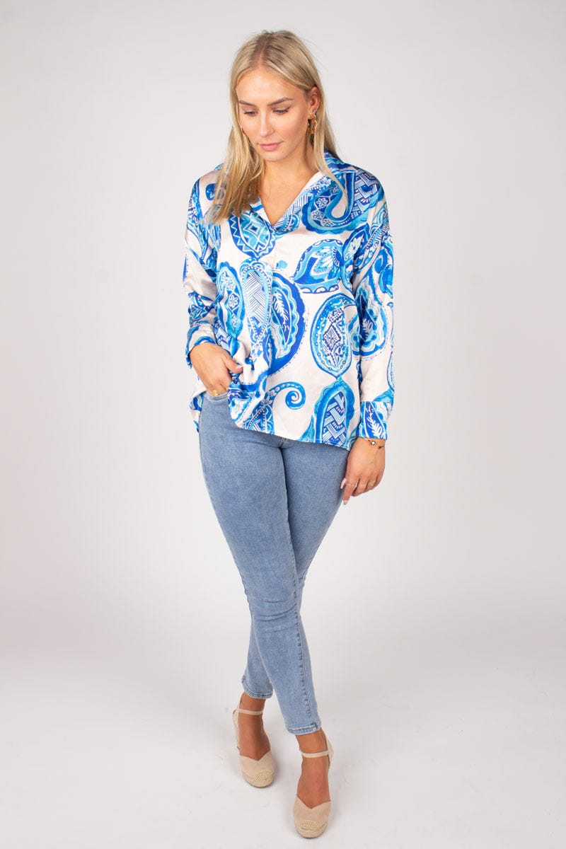 Bluse m. krave i paisley print  Blå