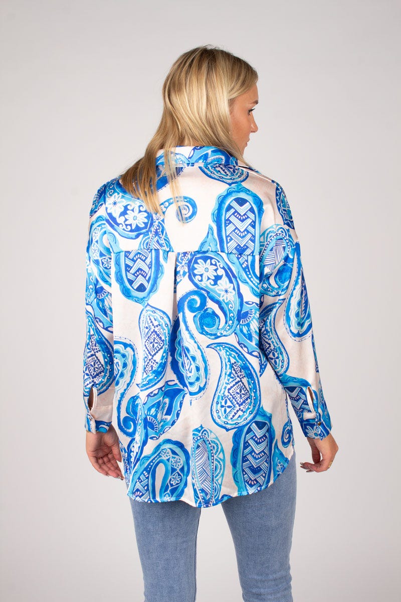 Bluse m. krave i paisley print  Blå