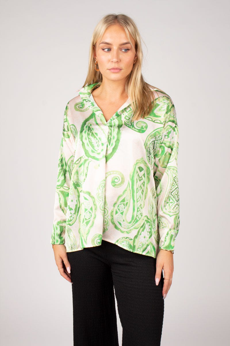 Bluse m. krave i paisley print  Grøn