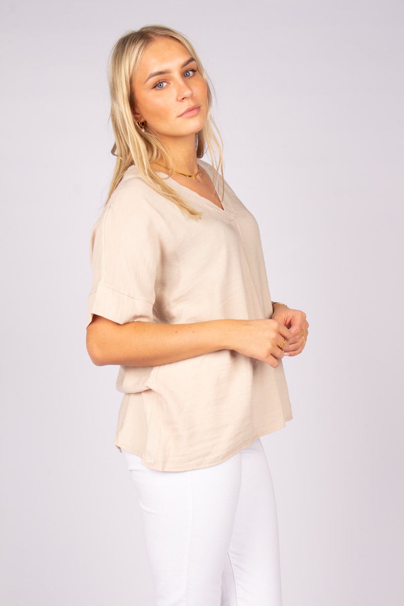 Tee m. V-hals Beige