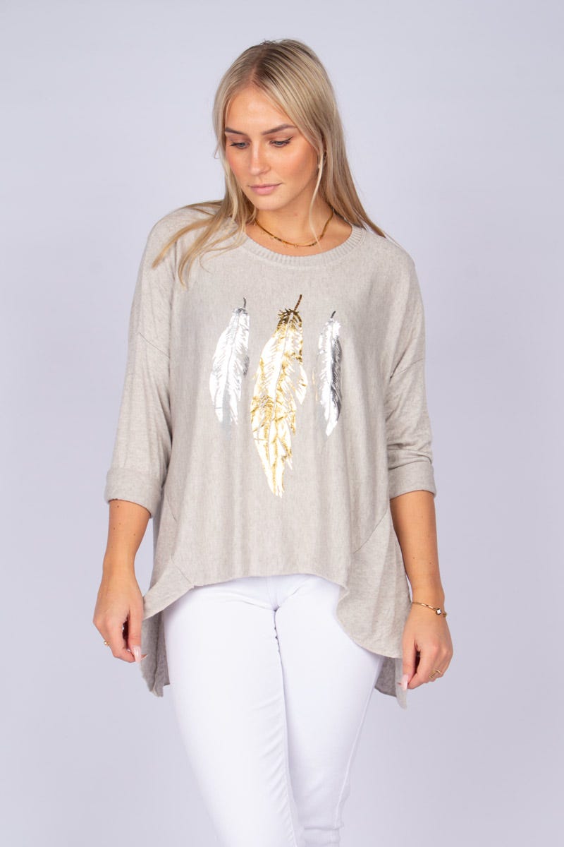 Bluse m. fjer Beige