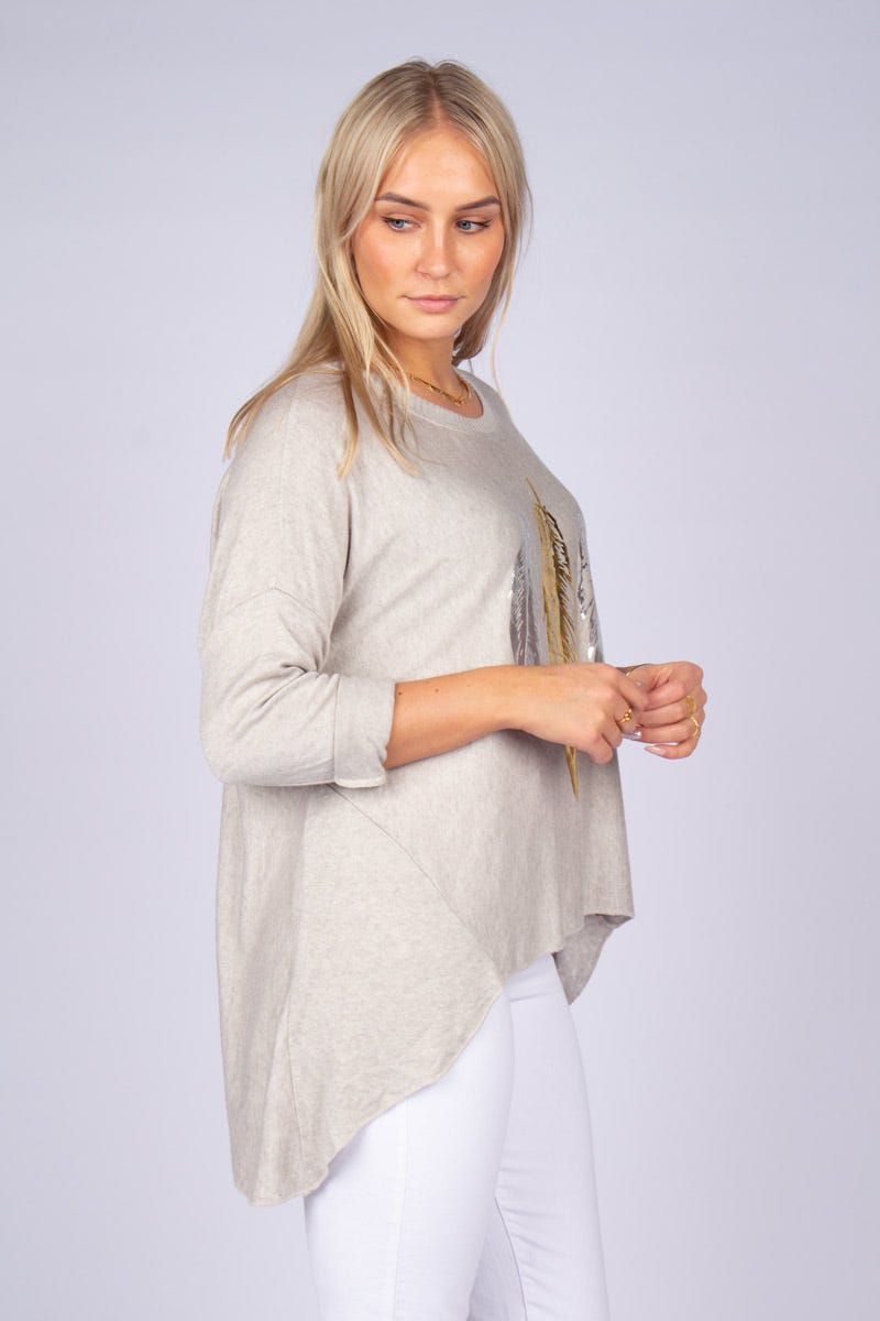 Bluse m. fjer Beige