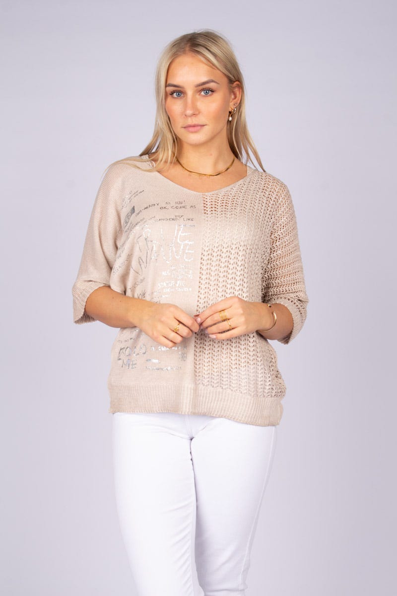 Strik m. tekst Beige