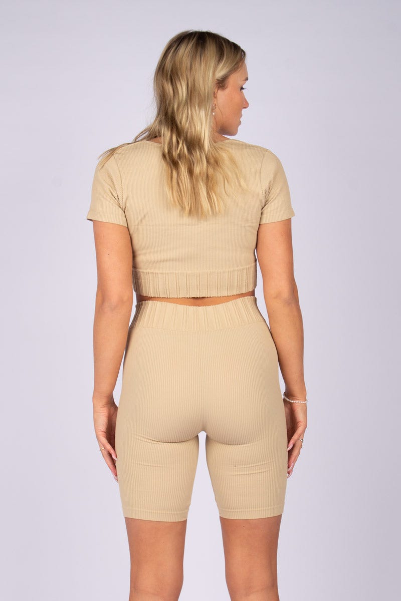 Crop top m. ærme Beige