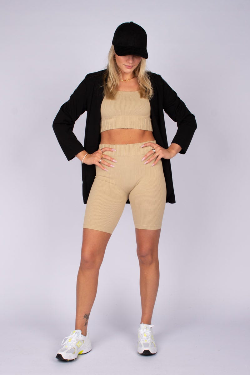 Crop top m. ærme Beige