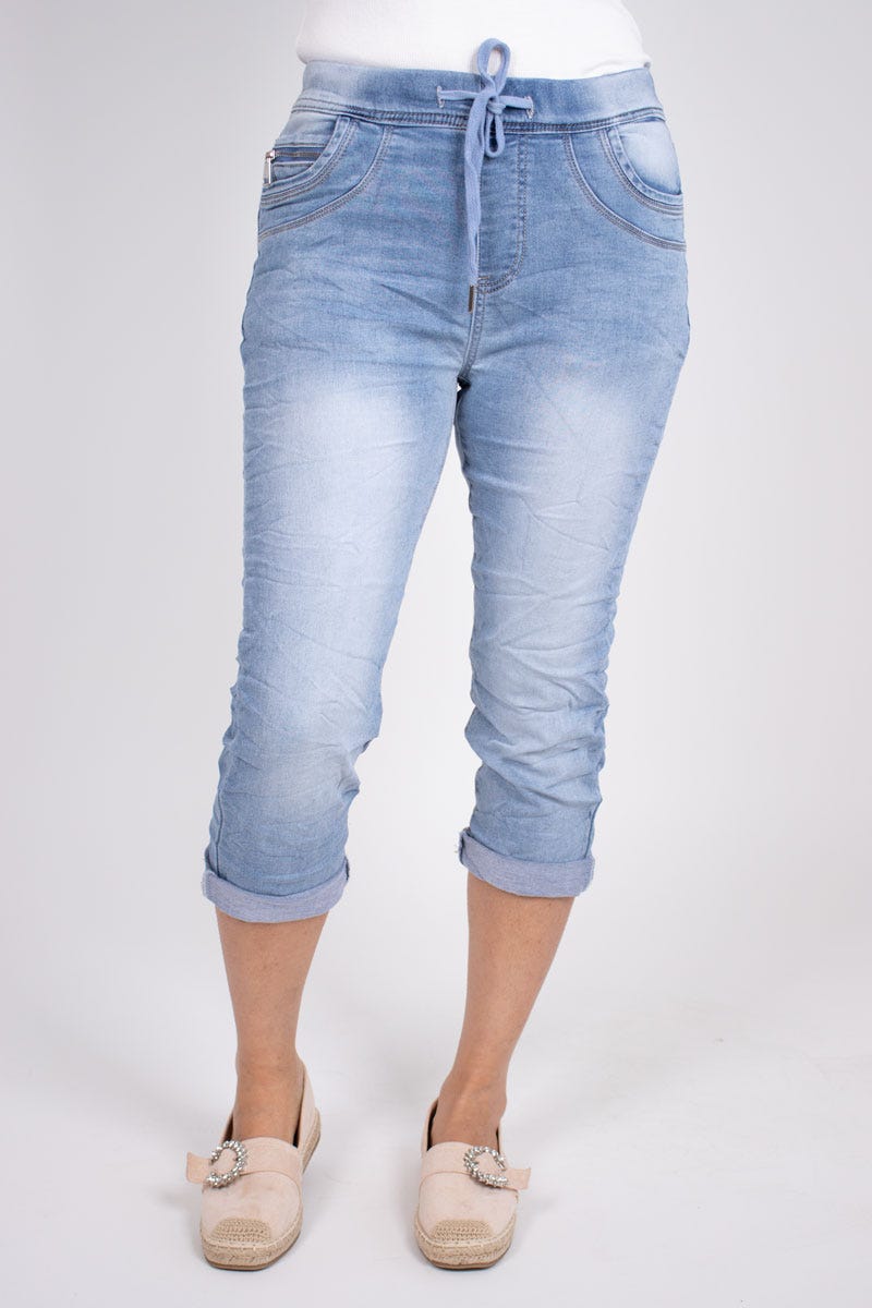 3/4 Jeans m. bindebånd Denim