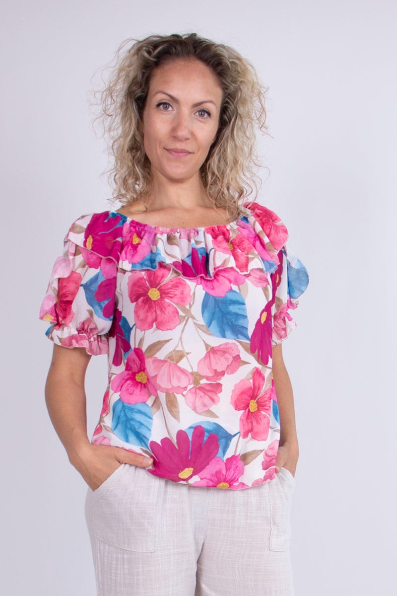 Top i chiffon m. blomster Pink