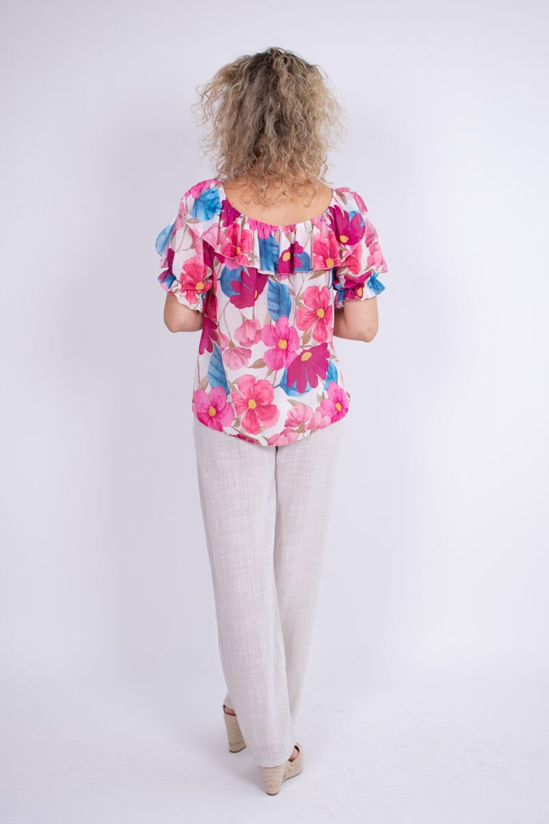 Top i chiffon m. blomster Pink