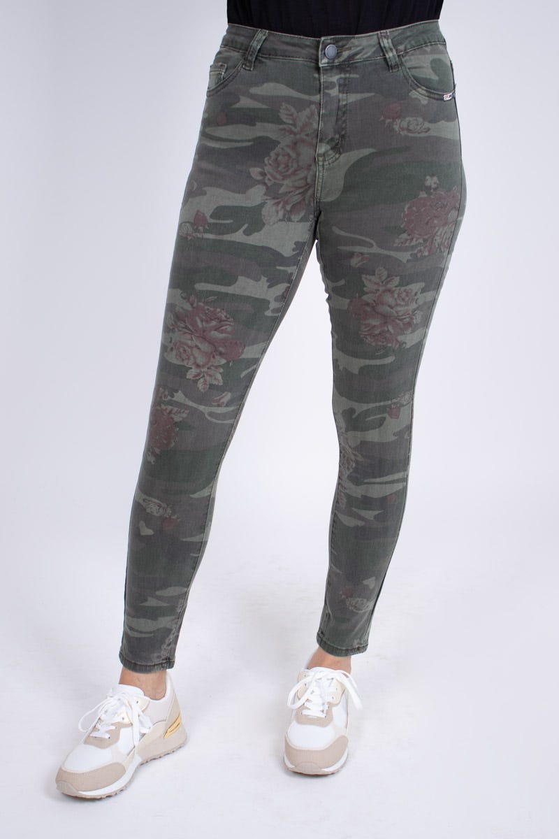 Jeans m. blomsterprint Khaki