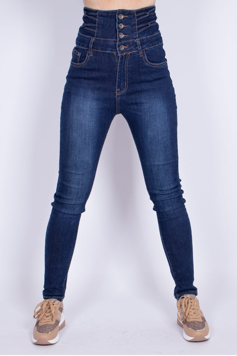 Højtaljede skinny jeans m. strop detaljer Denim