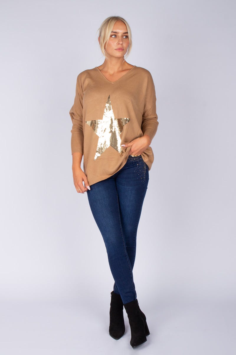 Strickpullover mit Stern Camel