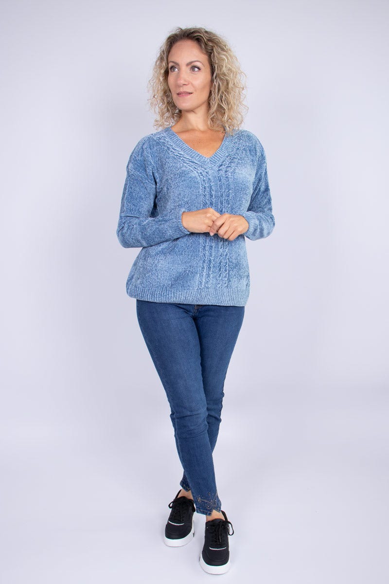 Chenille-Strickpullover Blau 