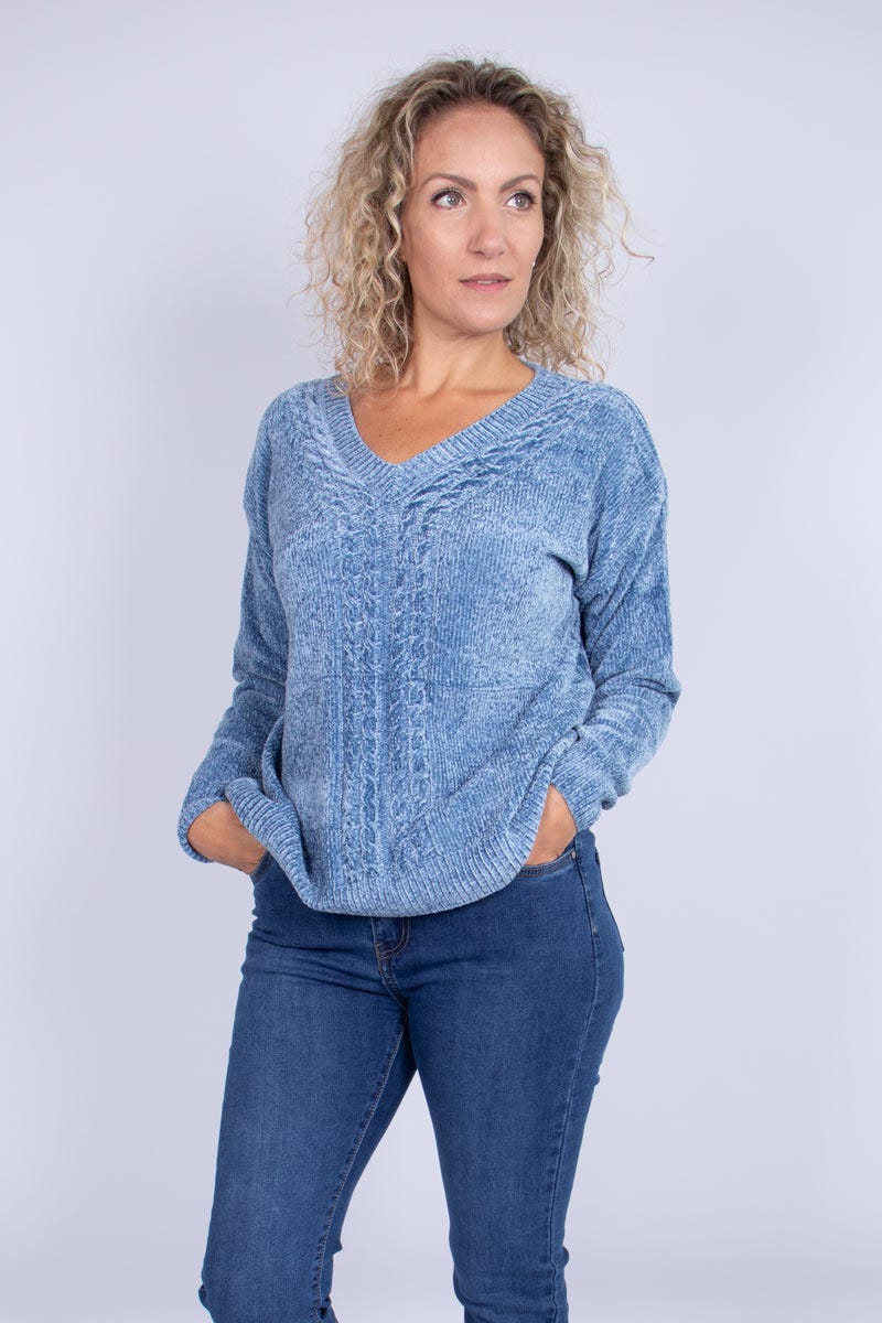 Chenille-Strickpullover Blau 