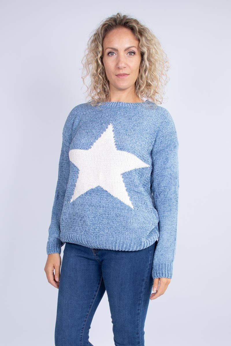 Strickpullover mit eingestricktem Stern Blau