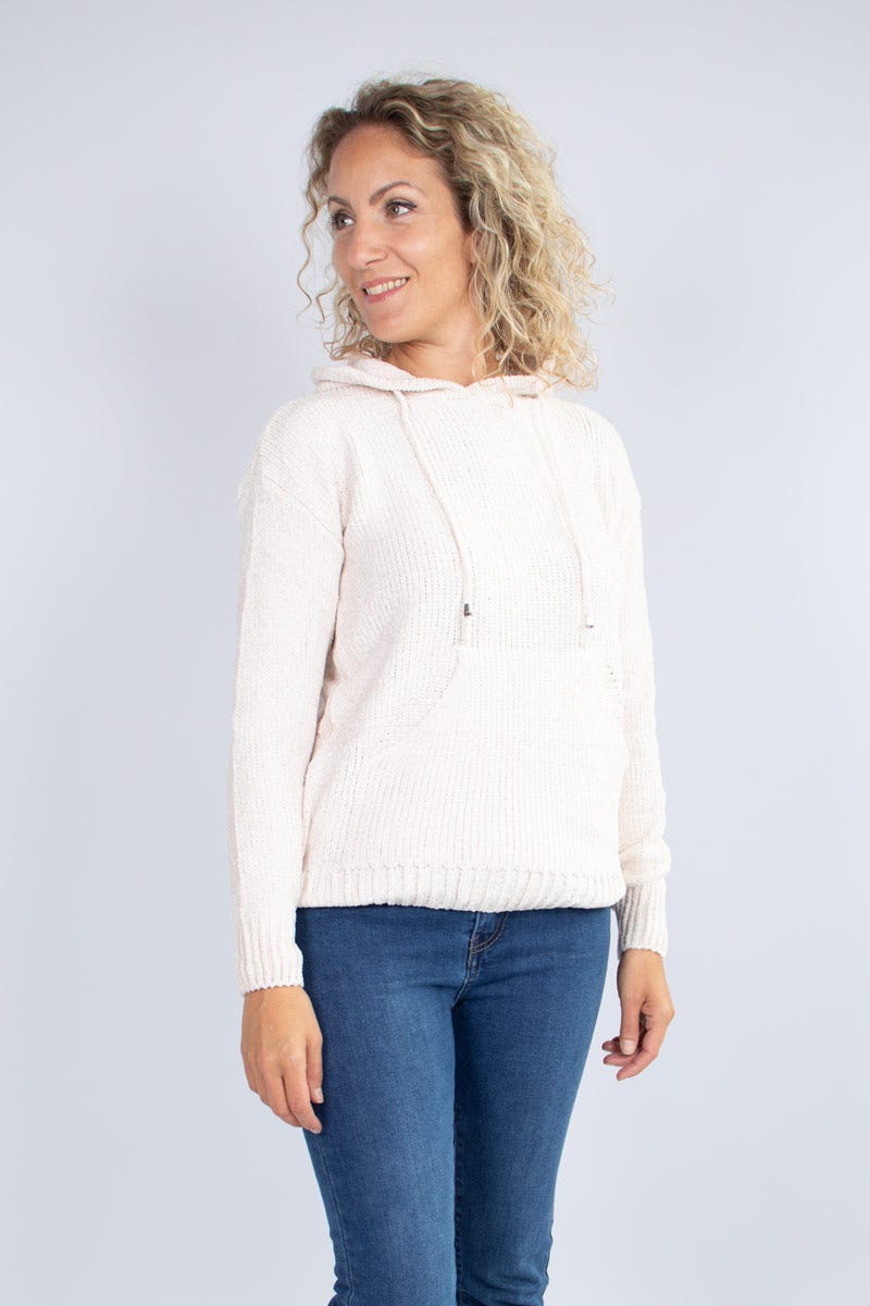 Hoodie i chenille strik Beige