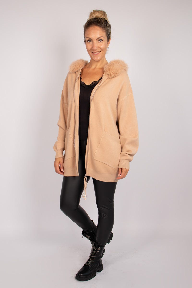 Cardigan m. imiteret pelskant Taupe