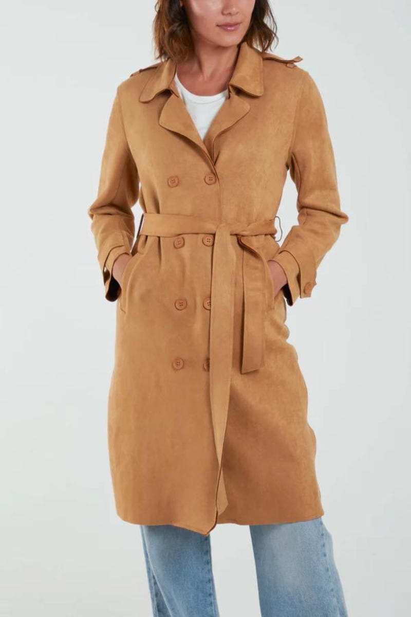 Trenchcoat i imiteret ruskind Camel