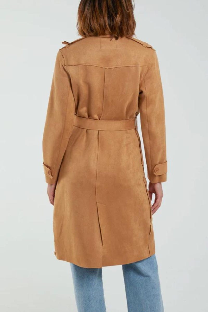 Trenchcoat i imiteret ruskind Camel