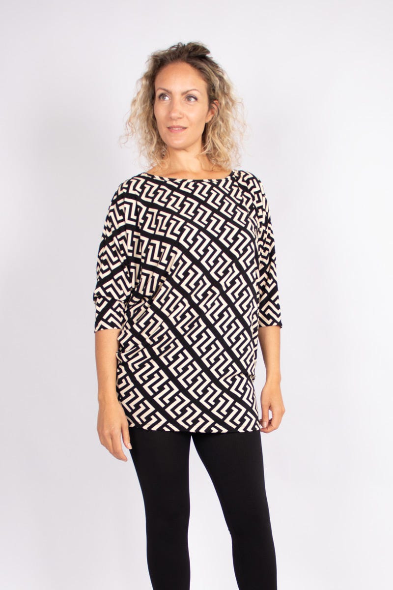 Batwing bluse m. grafisk print Beige