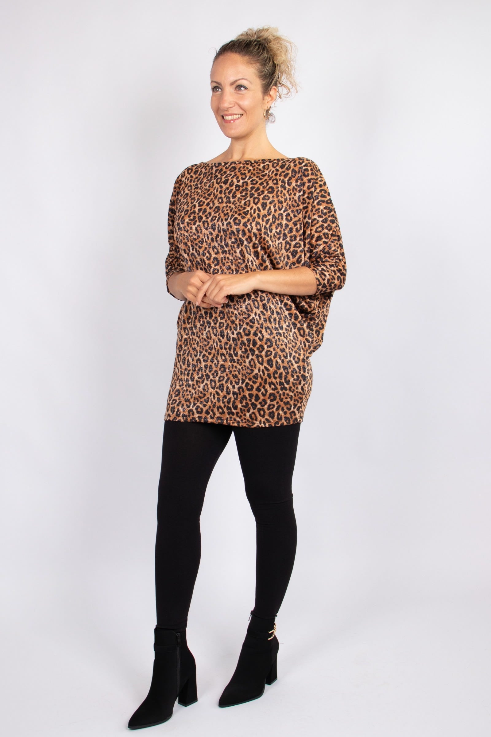 Batwing bluse m. glimmer og leoprint Brun