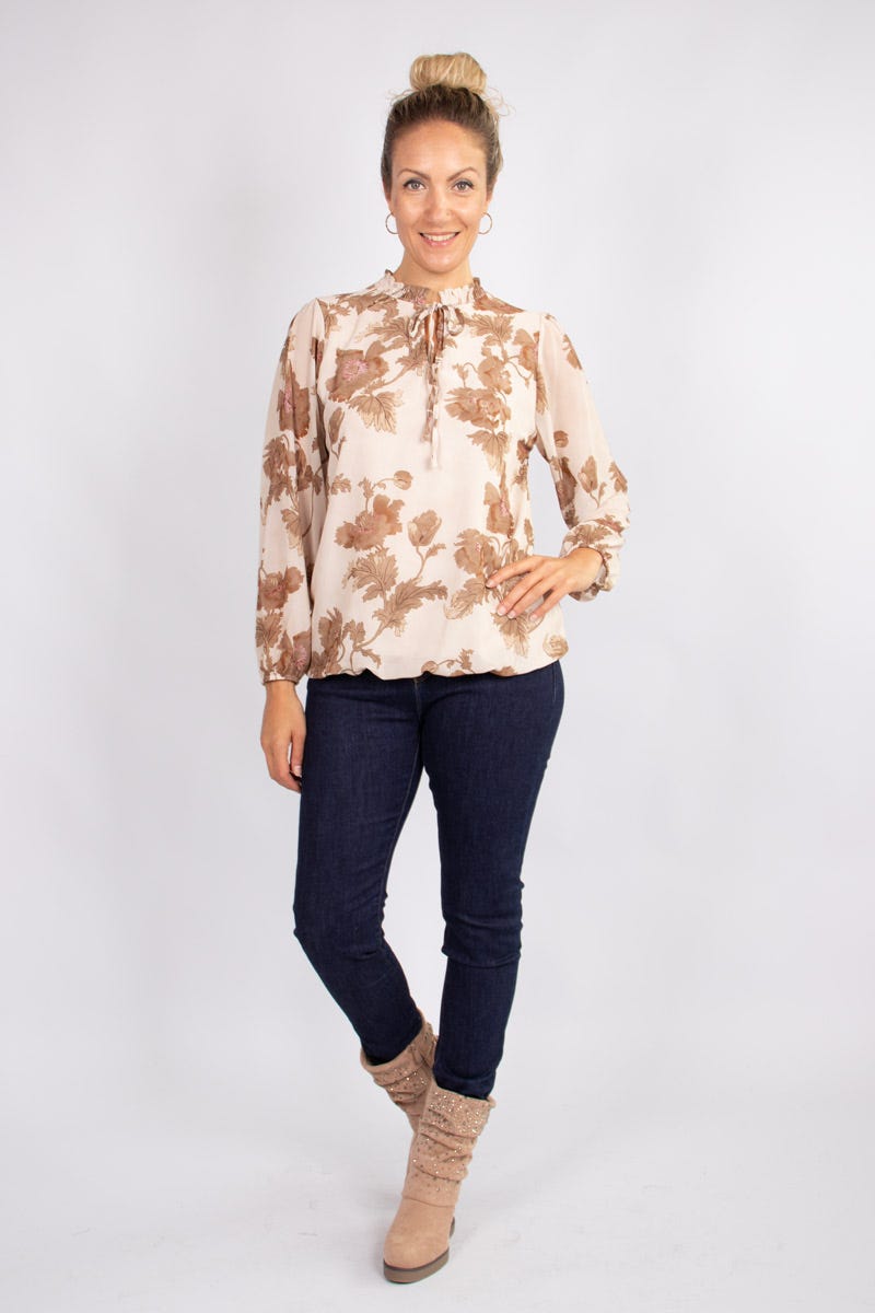 Bluse mit Blumenmuster und Bindeband Beige