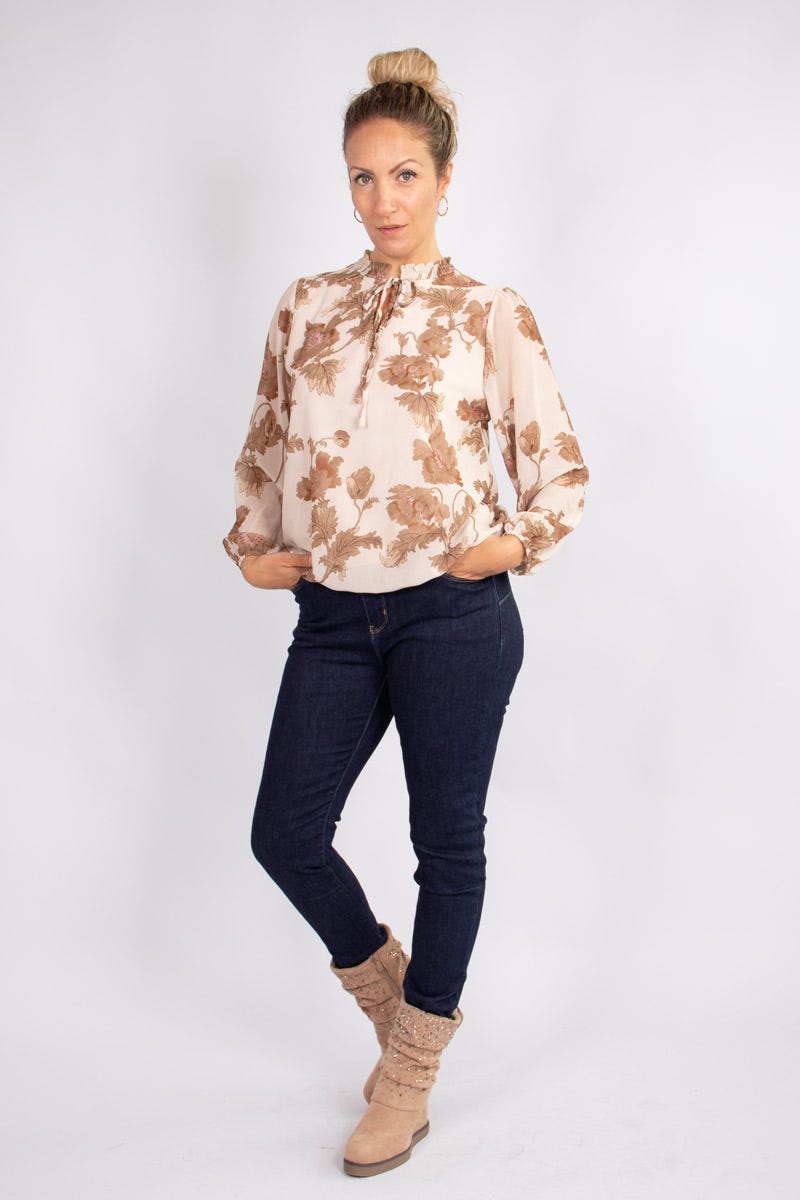 Bluse mit Blumenmuster und Bindeband Beige