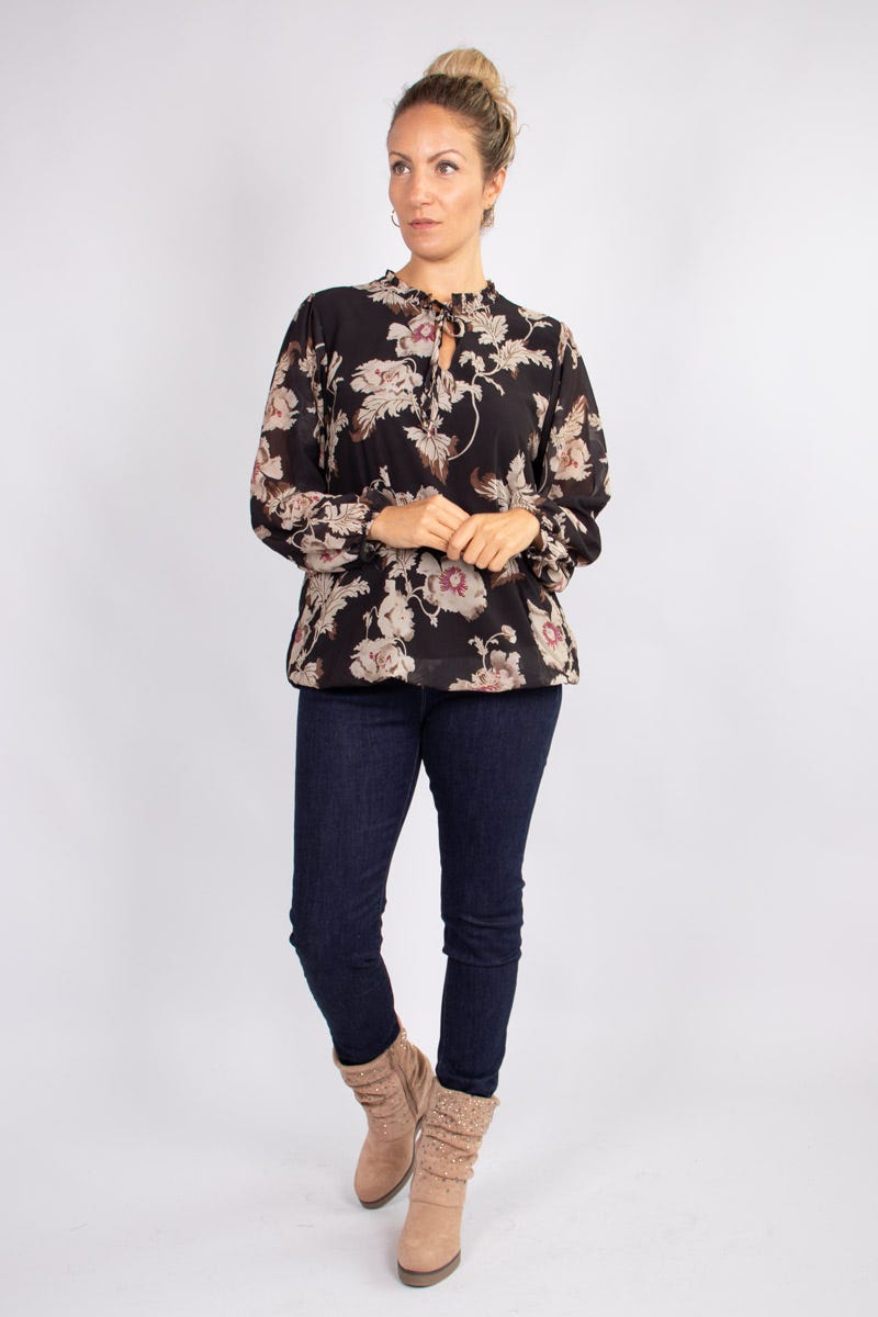 Bluse mit Blumenmuster und Bindeband Schwarz