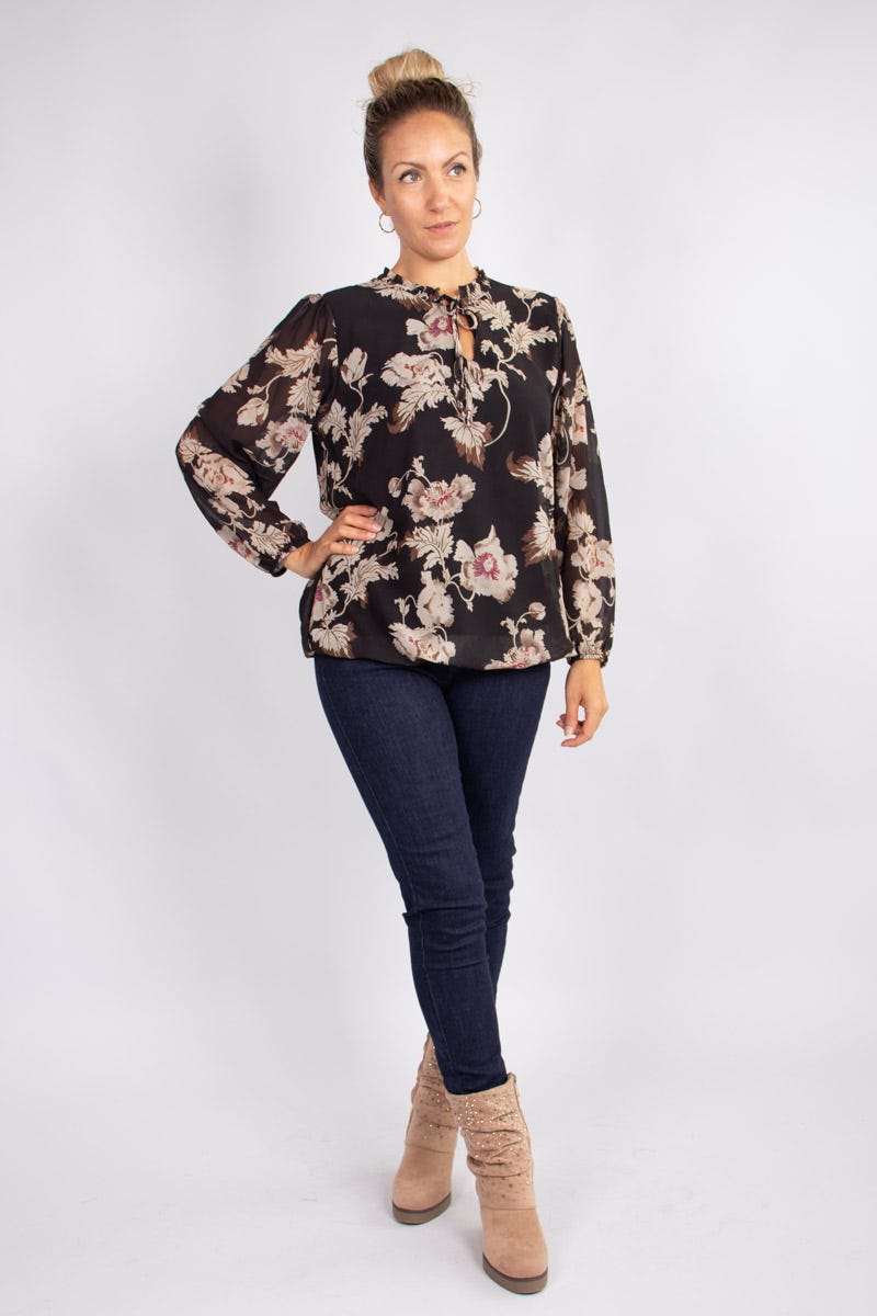 Bluse mit Blumenmuster und Bindeband Schwarz