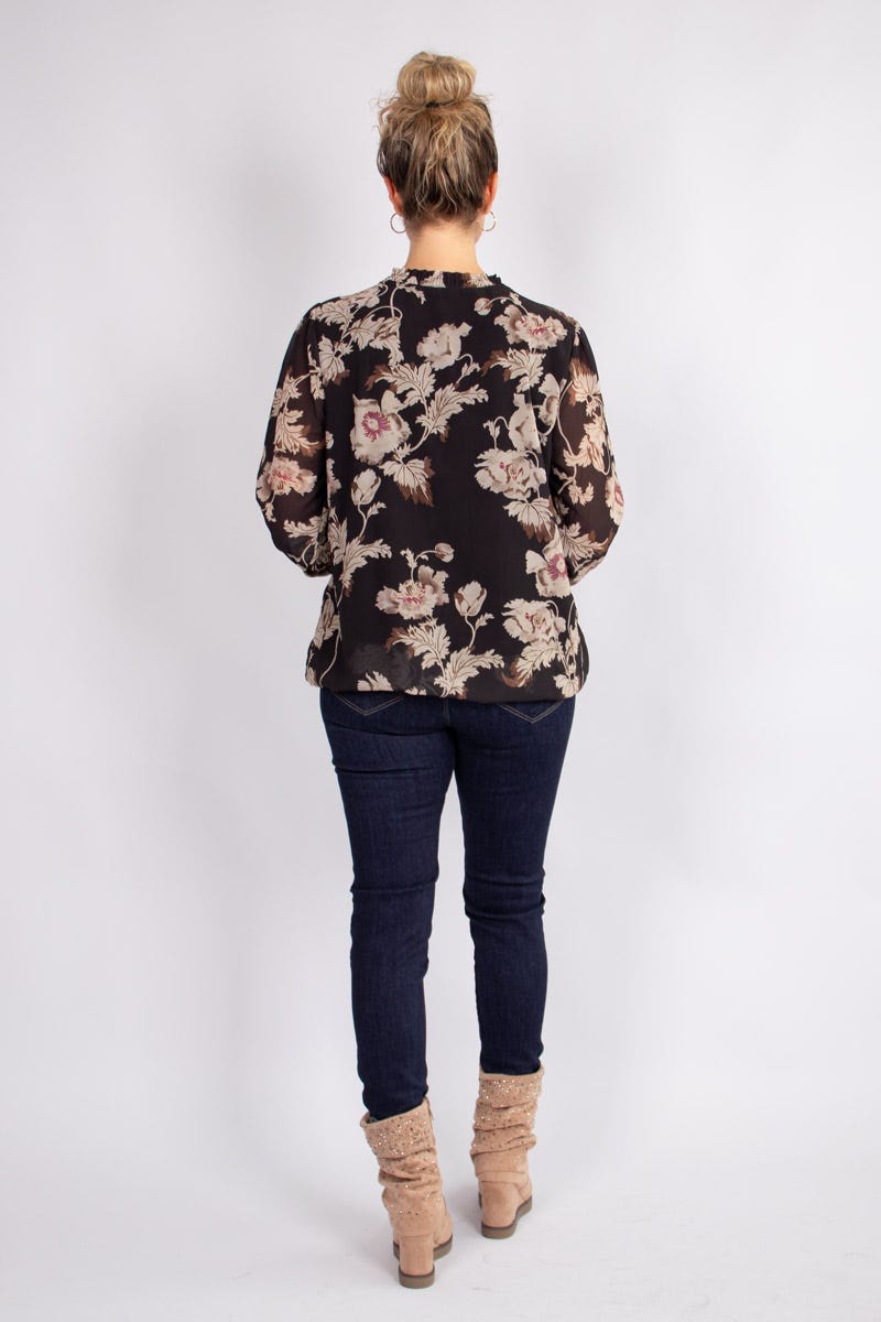 Bluse mit Blumenmuster und Bindeband Schwarz